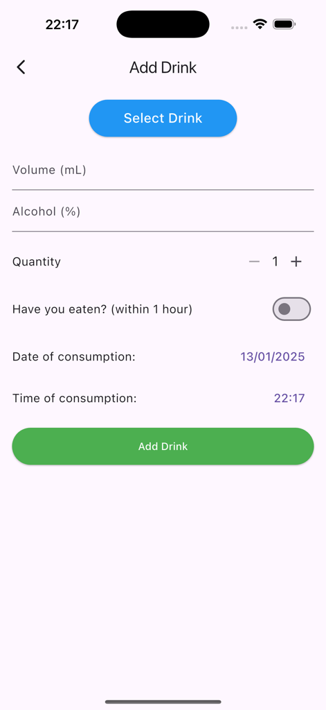 Interface para adicionar uma bebida no aplicativo Temporizador de Álcool com campos para volume, porcentagem de álcool e quantidade
