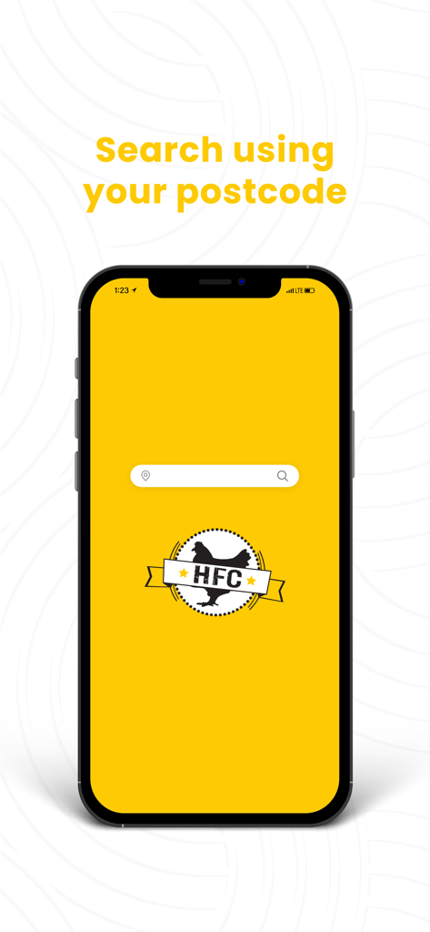HFC - Official App - Interface do aplicativo móvel HFC com uma barra de pesquisa e instruções para pesquisar usando seu CEP.
