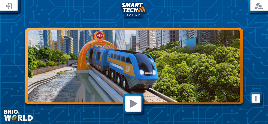 Intro screen of the BRIO Smart Tech Sound app featuring a blue toy train on a track in a city environment.