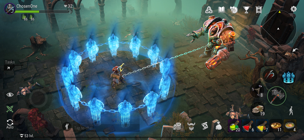 Frostborn: Coop Survival - Un personaje vikingo en Frostborn usando una habilidad de escudo espectral azul mientras se enfrenta a un gran jefe mecánico en una mazmorra en ruinas.