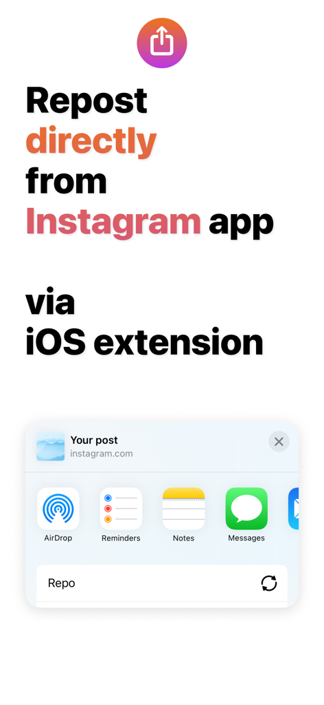 Screenshot showing the Repo app integration within the iOS Share Sheet for direct Instagram reposting