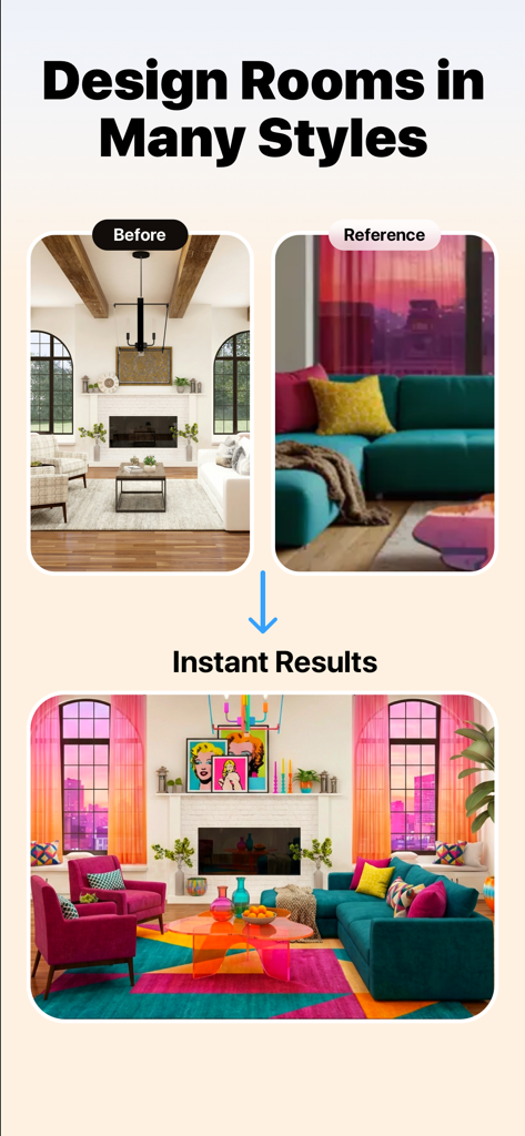 AI Home: Interior Design - A before and after comparison of a living room redesigned using AI with a colorful style reference