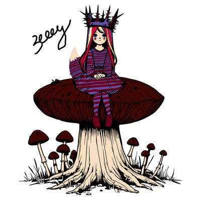 realistic girl sitting on a huge tree stump size toadstool with thorn crown