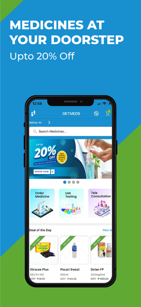 Interface do aplicativo móvel GetMeds para pedidos de medicamentos online e entrega em domicílio