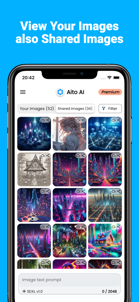 Aito AI: GPT & Gemini Chatbot - Aito AI app screenshot showing a grid of diverse AI generated images and a shared images tab.