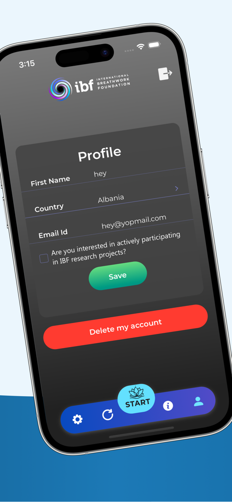 IBF Breathing App - IBF Breathing App profile screen showing user information fields and account management options