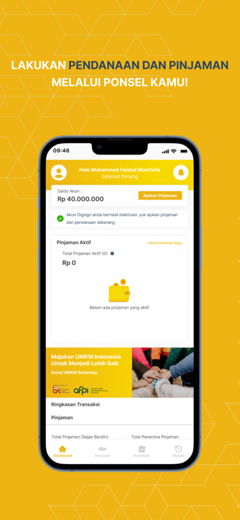 KlikUMKM mobile app interface for Indonesian MSME funding and loans showing account balance and dashboard.