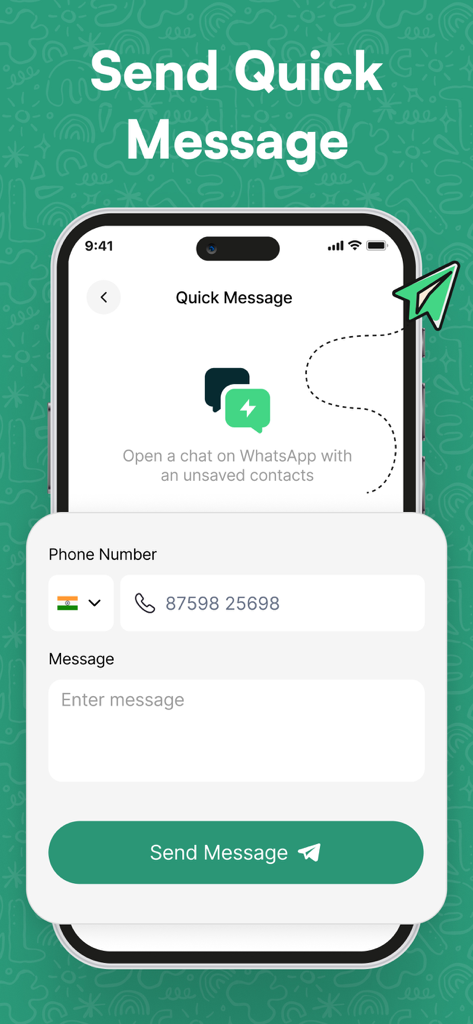 Whats Web Dual Messenger App - Interface of the app showing the Quick Message feature to chat with unsaved WhatsApp contacts