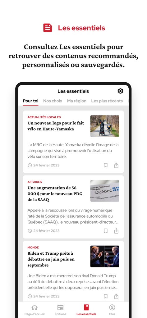 La Voix de l'Est mobile app showing the personalized news feed section called Les essentiels.