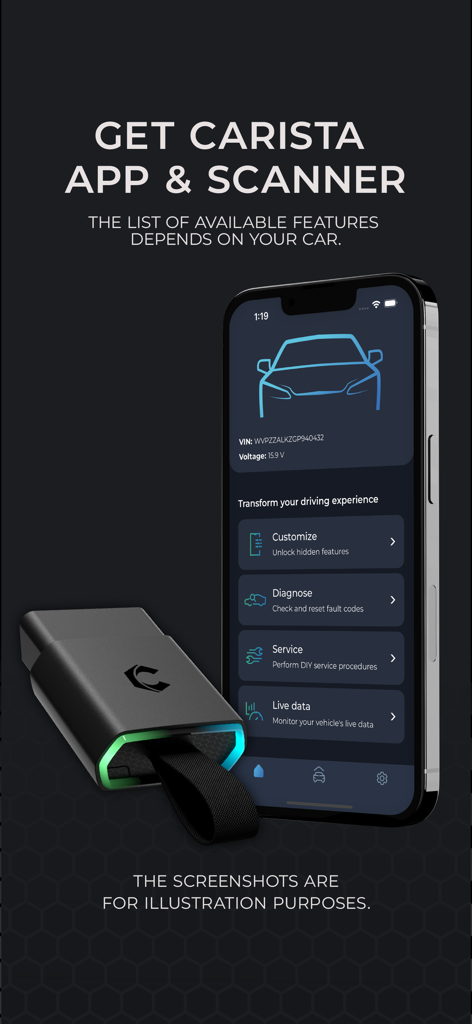 Carista OBD2 - Smartphone displaying Carista OBD2 app features next to a Carista EVO scanner device