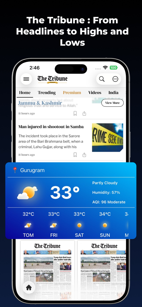 The Tribune - The Tribune mobile app interface showing a news feed and a weather widget for Gurugram