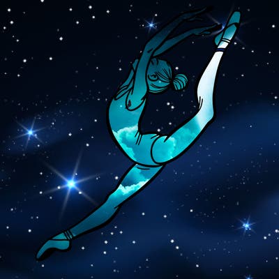 gymnast doing a leap in a leotard with a bent back leg