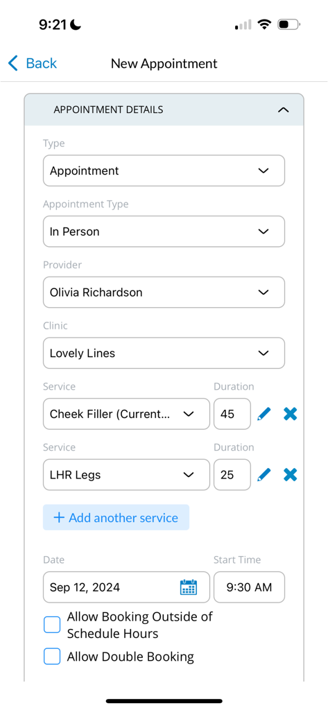 Aesthetic Record EMR - A new appointment booking screen in the Aesthetic Record EMR app showing service selection and provider details.