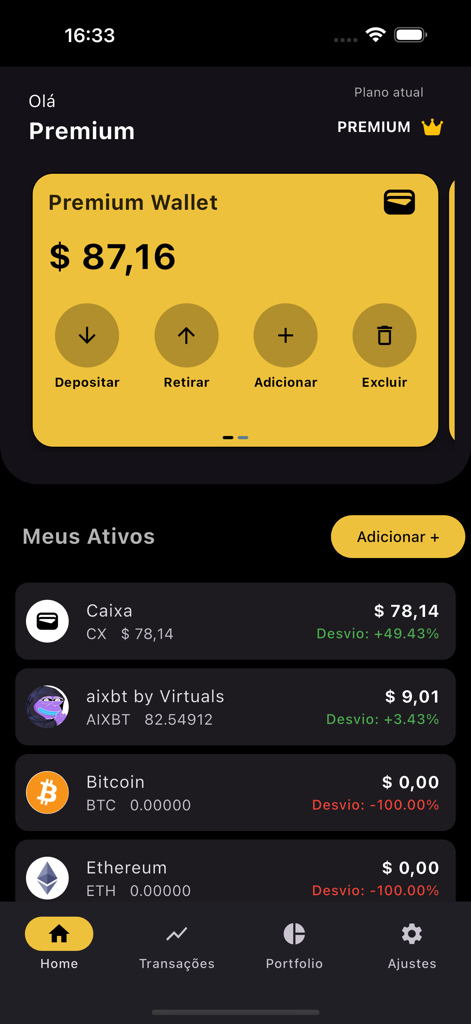 Meu Portfólio - A mobile app dashboard showing a portfolio of assets including Bitcoin and Ethereum with rebalancing statistics