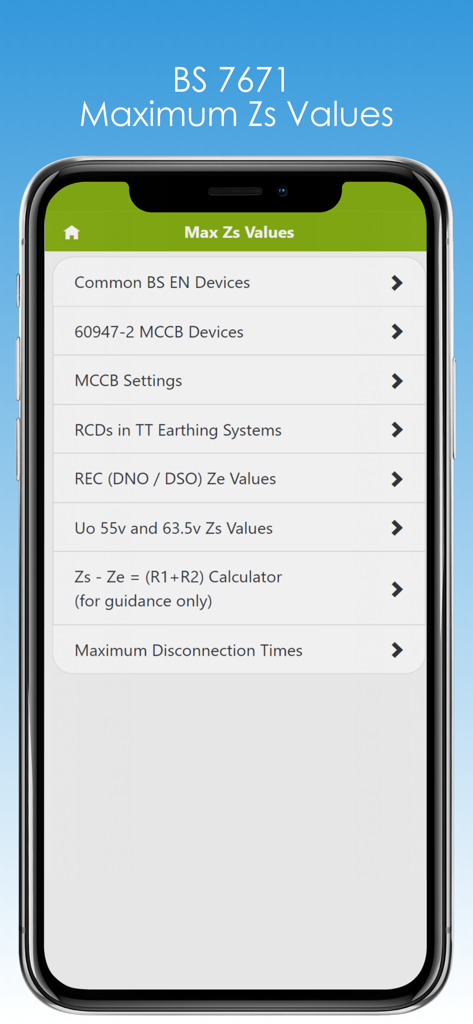 Main menu of the Max Zs Values app showing electrical calculation options for BS 7671 standards