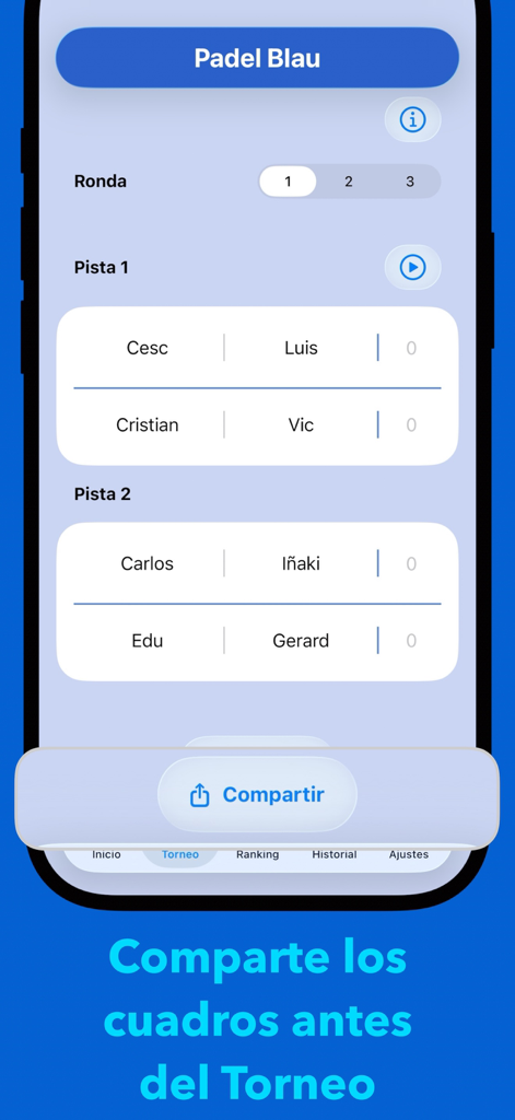 Oberfläche der Americana Padel App mit Spielpaarungen und Runden eines Padel-Turniers