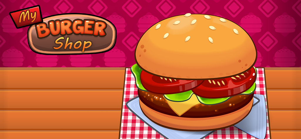 A large cartoon hamburger with cheese and tomatoes on a red checkered napkin in My Burger Shop game.