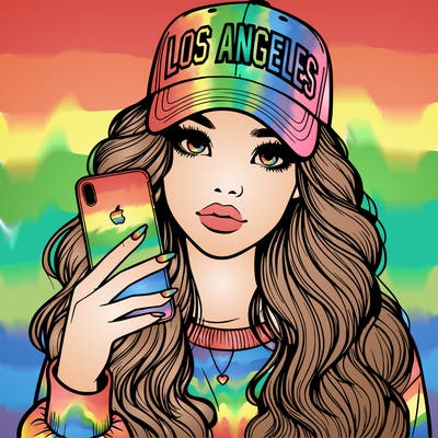 realistic beautiful girl wearing los ángeles cap holding an iphone