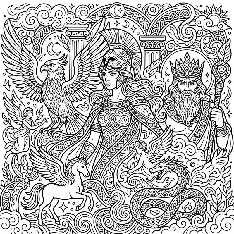 Embark on an epic coloring adventure with this exquisite mythological art template designed for adults. Delve into a world of ancient gods, majestic creatures, and legendary tales, perfect for mindful relaxation.