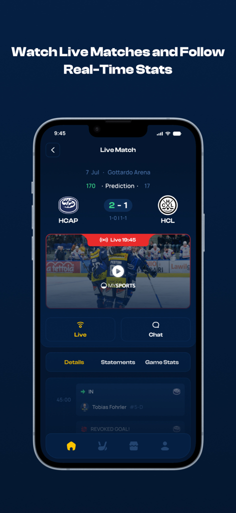 HCAP Digital Hockey - Smartphone-Bildschirm der HCAP Digital Hockey App mit einer Live-Spieloberfläche mit Score-Videoplayer und Echtzeit-Statistiken