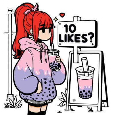 girl with oversized hoodie drinking boba and she has a high ponytail with a sign that says 10likes?