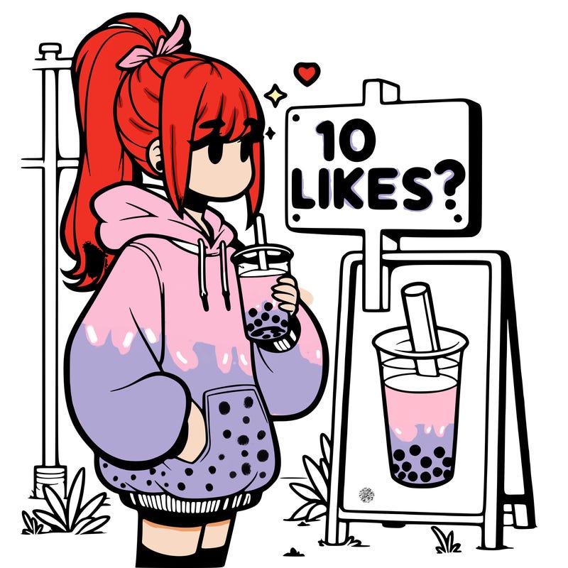 girl with oversized hoodie drinking boba and she has a high ponytail with a sign that says 10likes?
