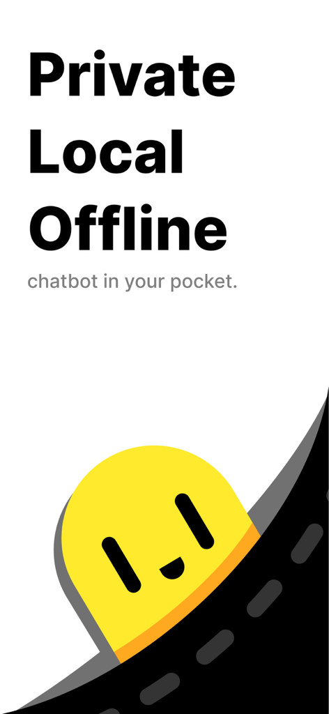 PocketPal AI - PocketPal AIアプリのディスプレイ。あなたのポケットにプライベート・ローカル・オフラインのチャットボットと黄色いキャラクターが表示されています。
