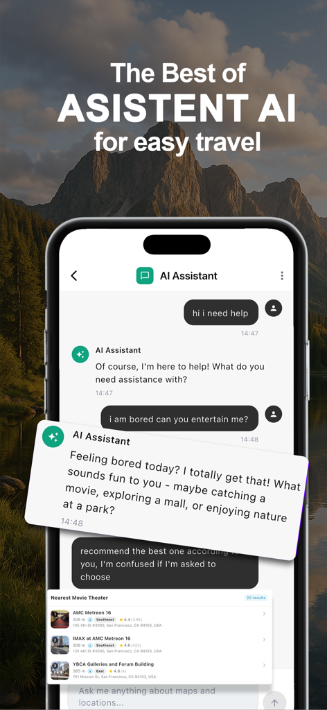 Live Earth Map & GPS Map - A smartphone screen showing an AI assistant providing movie theater recommendations in a travel app