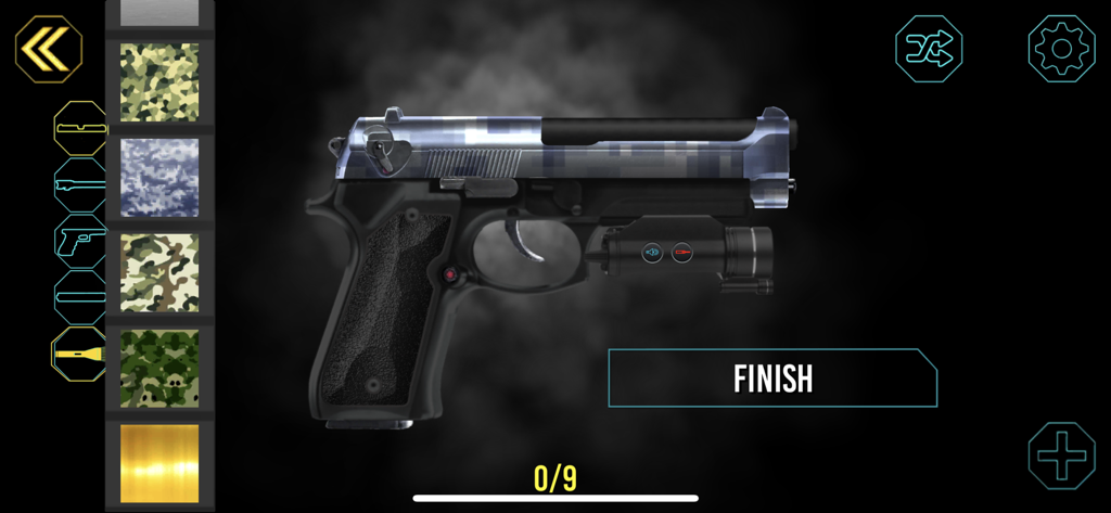 Personalizando uma pistola com skins de camuflagem digital no aplicativo Gun Builder