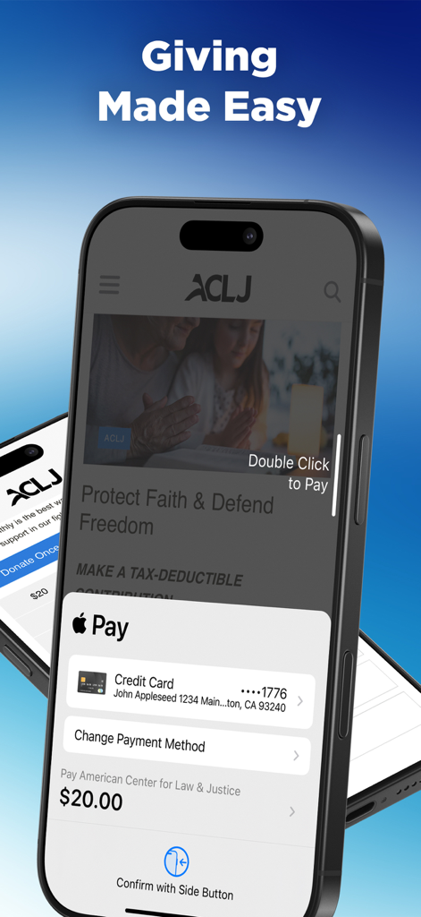 ACLJ - ACLJ app interface on an iPhone showing a 20 dollar donation process using Apple Pay under the headline Giving Made Easy
