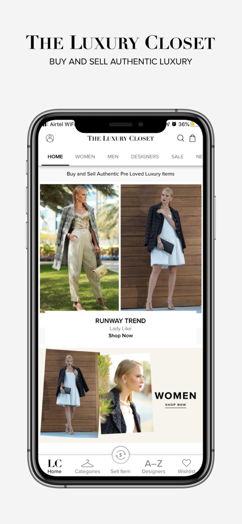Smartphone che visualizza la homepage dell'app mobile The Luxury Closet con moda firmata da donna
