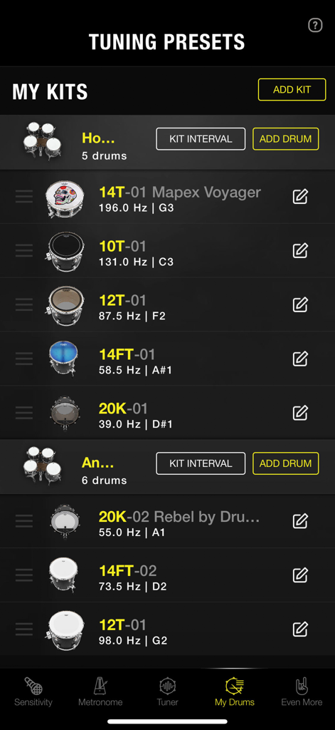 Drumtune PRO | Drum Tuner - Interface of Drumtune PRO showing a list of saved drum tuning presets and kit configurations with pitch data.