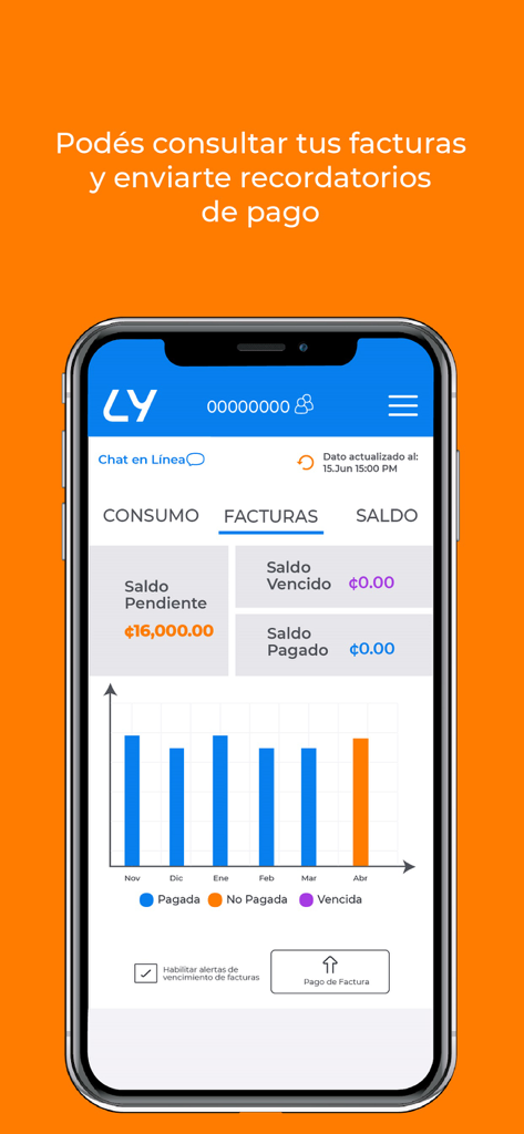 Mi Liberty - Mi Liberty app interface showing billing history with a bar chart, pending balance, and payment reminders.