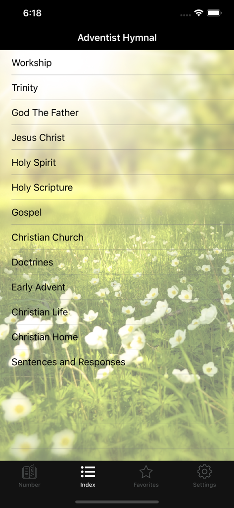 Adventist hymnal - Adventist Hymnal app showing a list of hymn categories like Worship, Trinity, and Gospel over a floral background