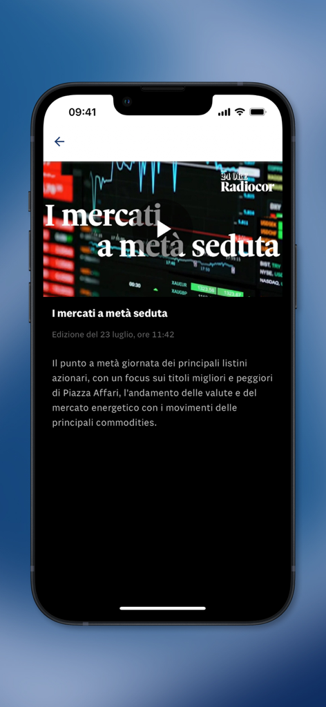 24 Ore Radiocor - Financial market mid-session update video within the 24 Ore Radiocor app.