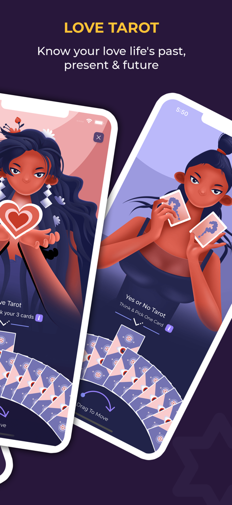 Interfaz de la aplicación Lectura de Tarot y Horóscopo que muestra las funciones de Tarot de Amor y Tarot de Sí o No con ilustraciones estilizadas de personajes.