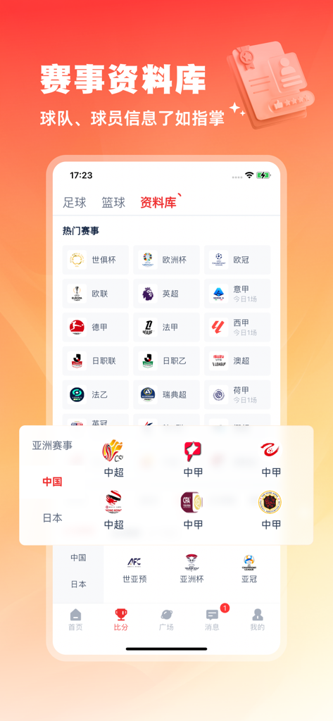 鲸猜足球-赛事比分预测分析软件 - Interface de l'application 鲸猜足球 montrant une base de données de ligues sportives mondiales et asiatiques, y compris la Premier League et la CSL.