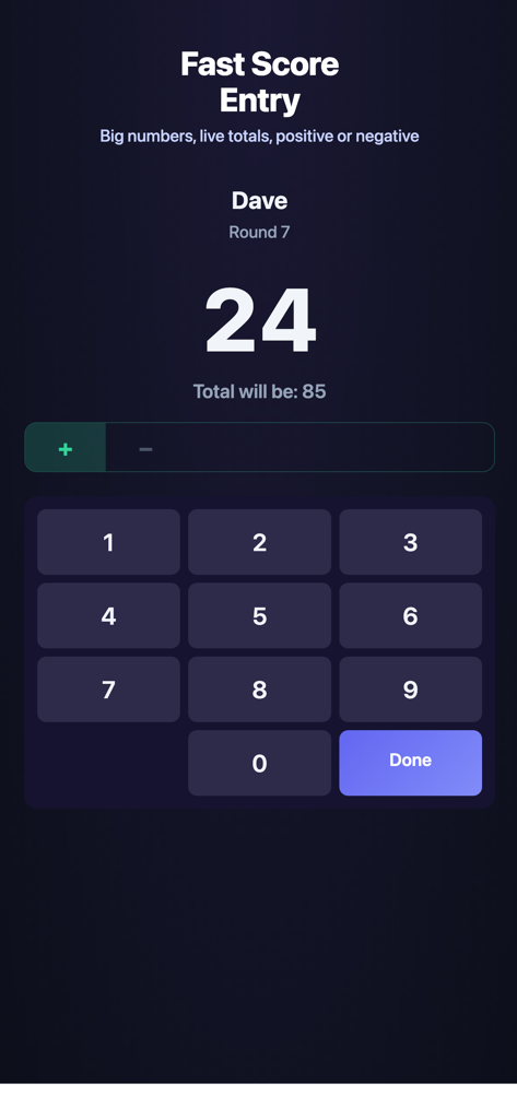 ScoreApp - ScoreApp fast score entry screen with large numeric keypad and live total updates