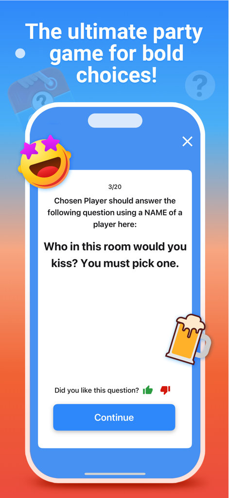 Truth or Dare - Chooser! - Interfaz de la aplicación Verdad o Reto mostrando una pregunta de fiesta sobre besar.
