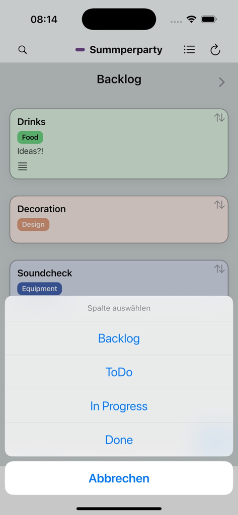 Next Deck app interface showing a Kanban board with task cards and a column selection menu.