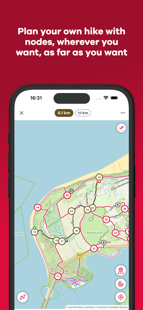 NodeMapp Hike - A mobile screen showing a hiking map with numbered nodes and a planned path in a green coastal area