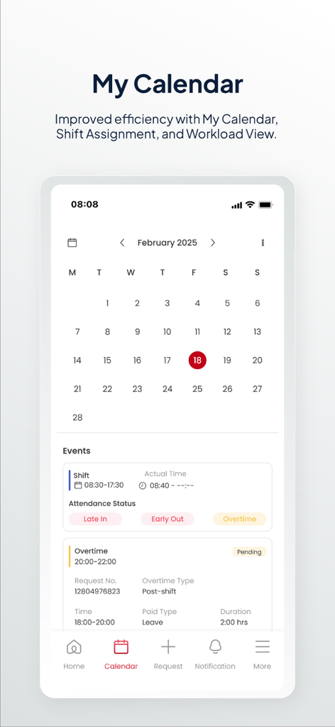 Tiger OpenSpace - A smartphone screen showing the My Calendar interface of the Tiger OpenSpace app with monthly view and shift details