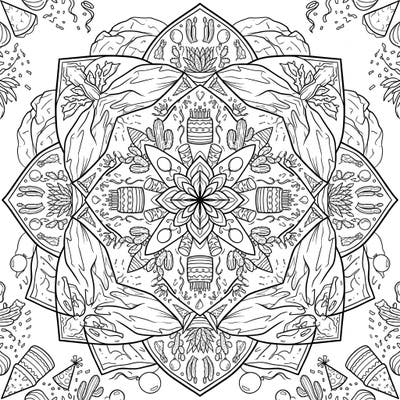 Get ready for a one-of-a-kind coloring adventure with this Desert Birthday Mandala. This unique design beautifully merges the festive joy of a birthday celebration with the serene beauty of arid desert landscapes.