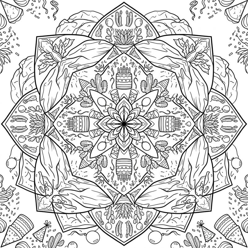 Get ready for a one-of-a-kind coloring adventure with this Desert Birthday Mandala. This unique design beautifully merges the festive joy of a birthday celebration with the serene beauty of arid desert landscapes.