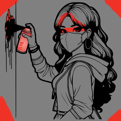 realistic girl with mask spray painting a wall