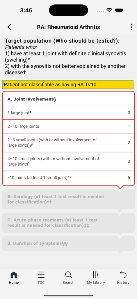 Guidelines And Criteria - Mobile app screen showing Rheumatoid Arthritis classification criteria and joint involvement scoring.