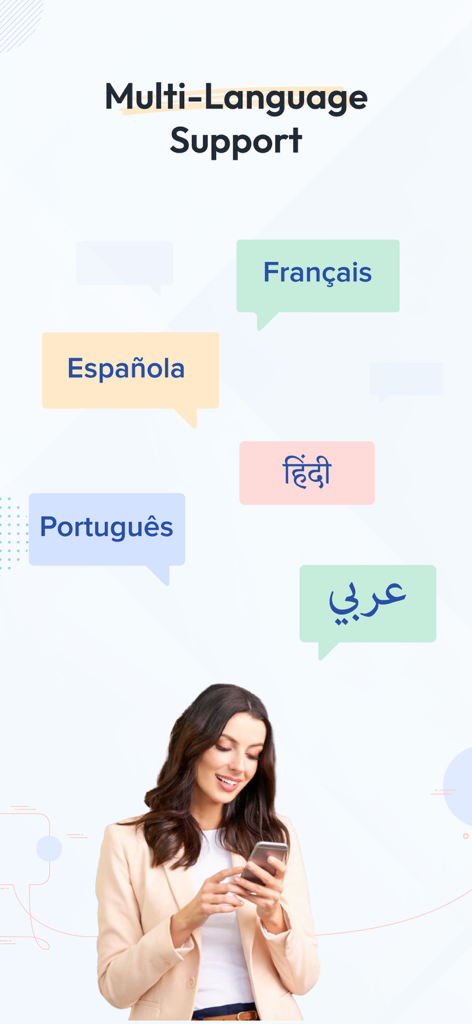 factoTime - Attendance App - A professional woman using factotime attendance app showing multi language support speech bubbles