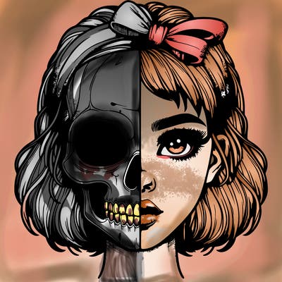 realistic girl with half skull mask
