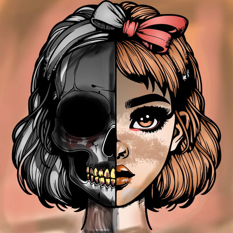 realistic girl with half skull mask