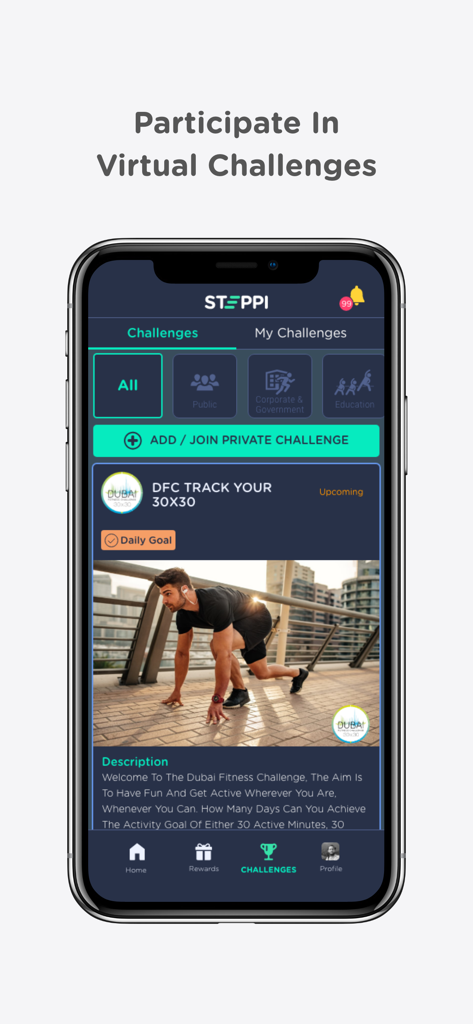 STEPPI - STEPPI app interface showing the virtual challenges screen with options to join public or private fitness goals.